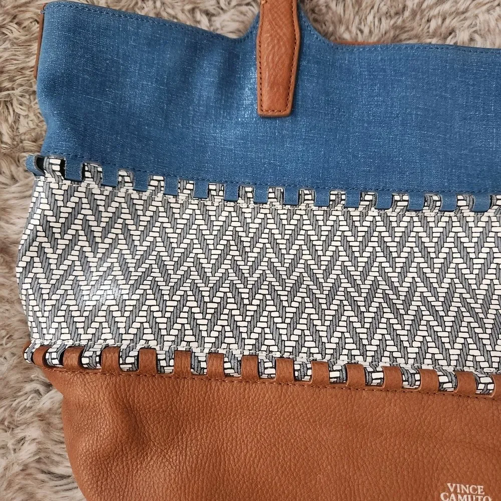 Vince Camuto Edena Tote Blue and Brown Leather‎ and Denim Colorblocked Bag